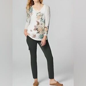 J Jill Womens Sweater Linen Blend Cream Floral 3/4 Sleeve V Neck Sz MP